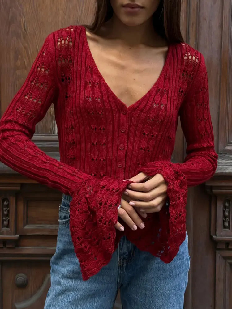 Tossy Knitwear Hollow Out Sweater Cardigan Women V-Neck Long Sleeve See-Through Cropped Top Summer Knit Patchwork Cardigan Top - Smarsty