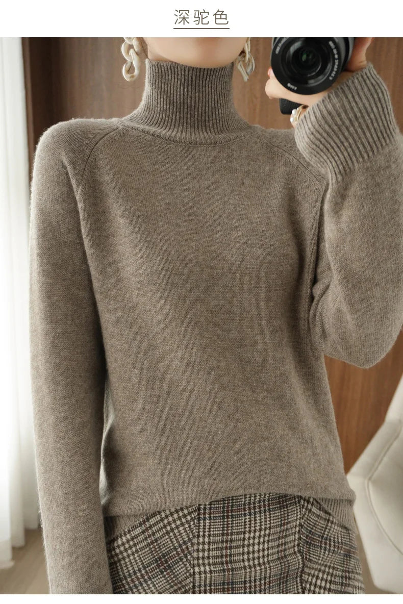 Fashion Basic Autumn Winter Merino Wool Sweater Mock Neck Cashmere Pullover Solid Color Soft Long Sleeve Clothing Tops - Smarsty