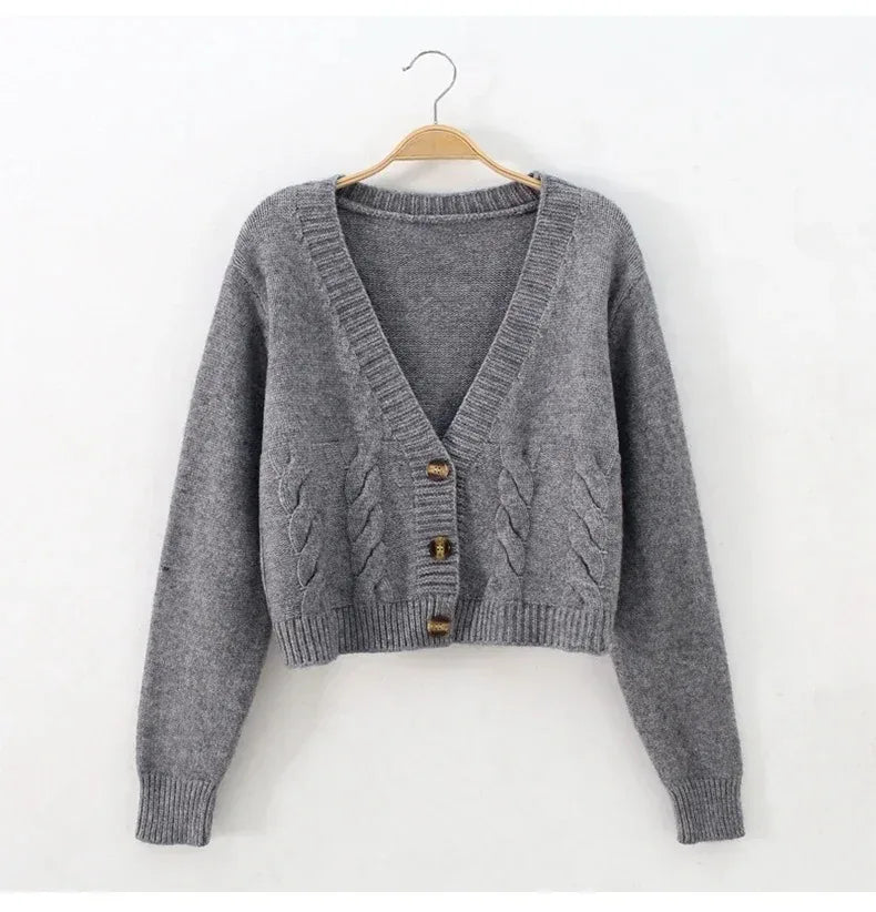 V Neck Cropped Cardigan Women Long Sleeve Twist Knitted Sweater Coats Autumn Winter Keep Warm Korean Fashion Jacket Cardigan - Smarsty