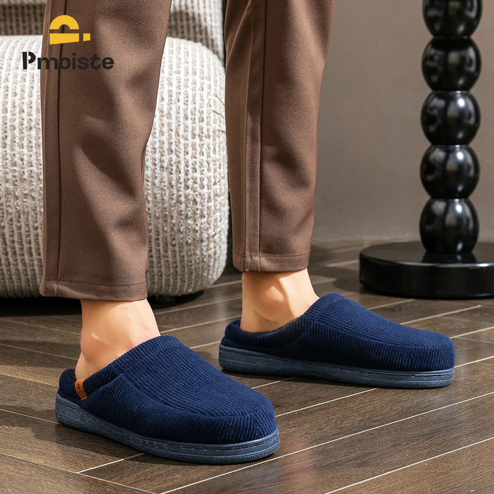 Warm Slippers for Men TPR Sole Memory Foam Soft Cushion Non Slip Stripe Design Comfortable Corduroy House Shoes - Smarsty