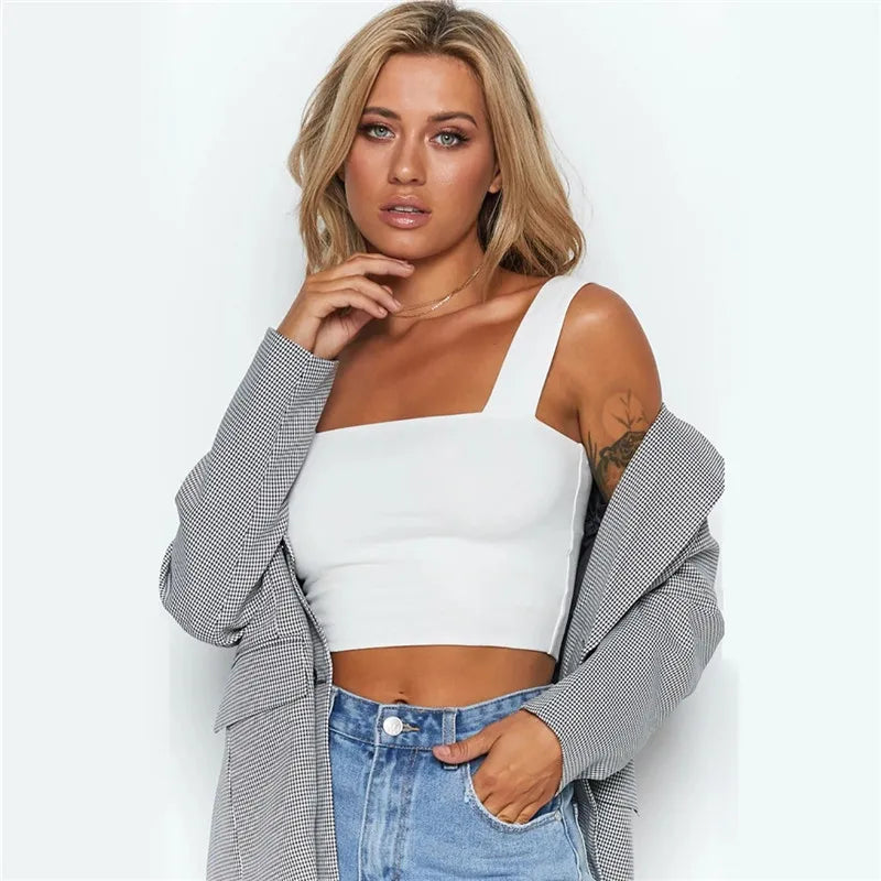 Square Neck Sleeveless Summer Crop Top White Women Black Casual Basic T Shirt Off Shoulder Cami Sexy Backless Tank Top - Smarsty
