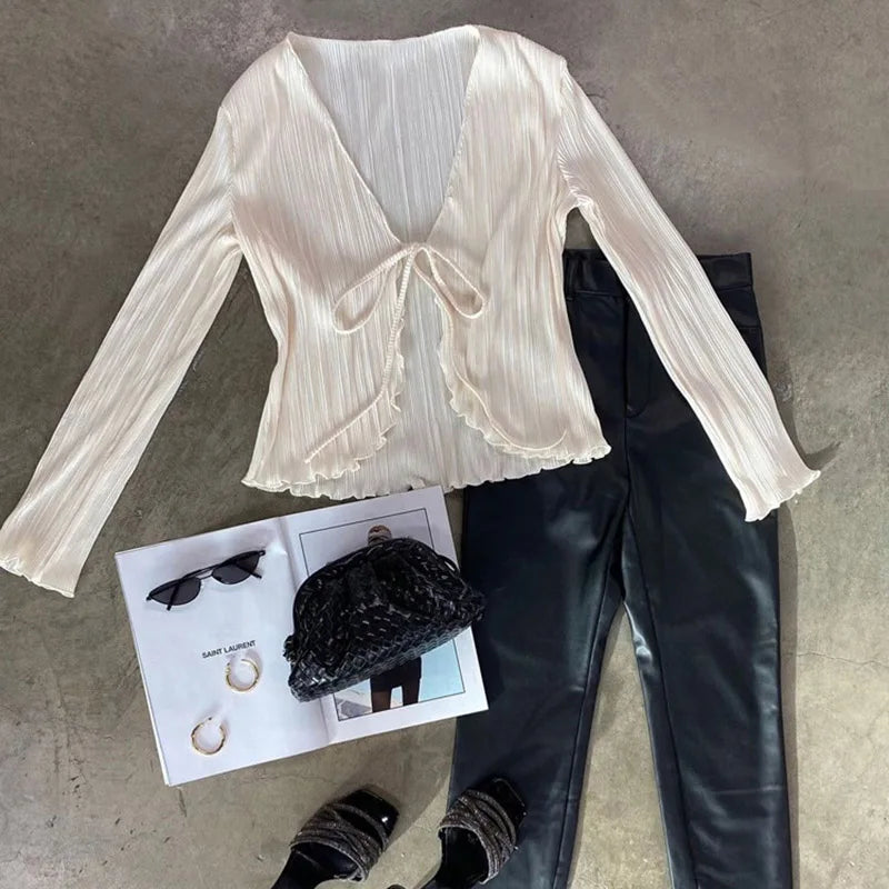 2024 Women Pleated Plain Shirts Spring Fall Chic Long Flare Sleeve V- Neck Tie Up Cardigans Tops for Casual Party Street - Smarsty