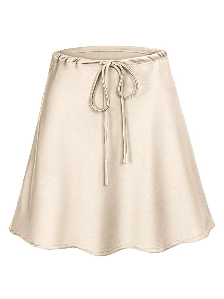 Satin Mini Skirts Women Summer Beige Silk Short Skirt For Woman Drawstring High Waist Black Satin Skirt A Line Women Short 2025 - Smarsty