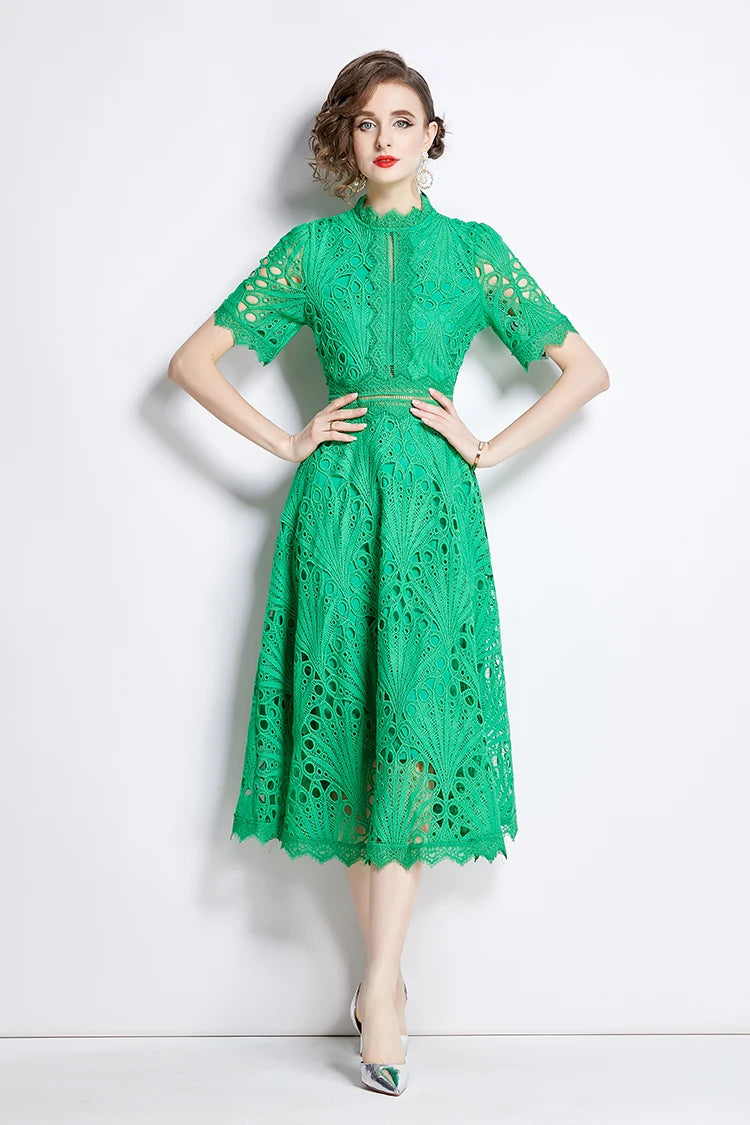 H Han Queen Spring New Elegant Casual Work Party Dresses Floral Crochet Hollow Out Lace Patchwork Casual Office Midi Dress - Smarsty