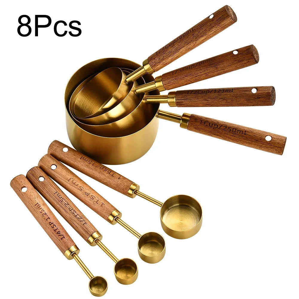 Gold Wooden Handle Stainless Steel Measuring Cups Set - Smarsty