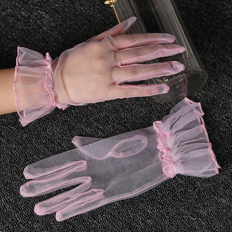 Women Lace Tulle Gloves Stretchy Full Finger Wedding Gloves - Smarsty