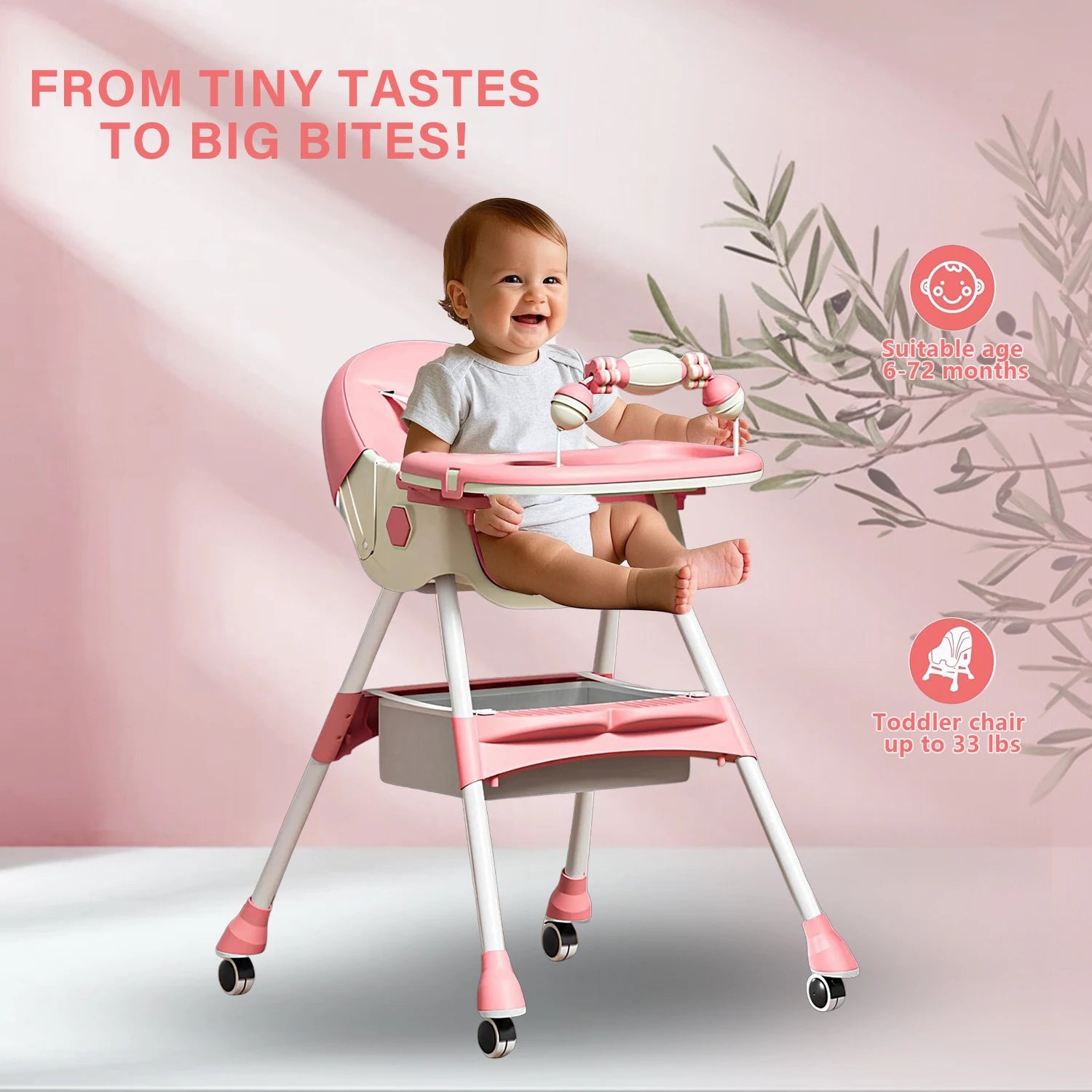 Foldable Baby High Chair 4-in-1 Foldable Reclining Feeding Table Chair Seat 7 Heights With Toyrack Easy To Clean Feeding