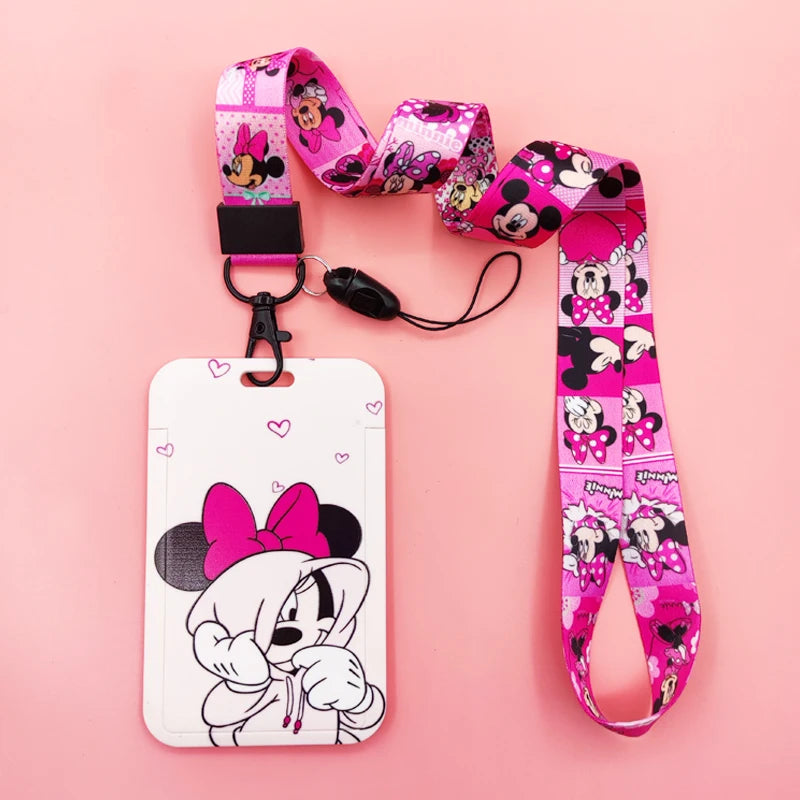 Disney Pink Lanyard ID Badge Holder Mickey Credit Card Case Neck Strap Minnie Card Holders Girl Credentials Accessories Keychain