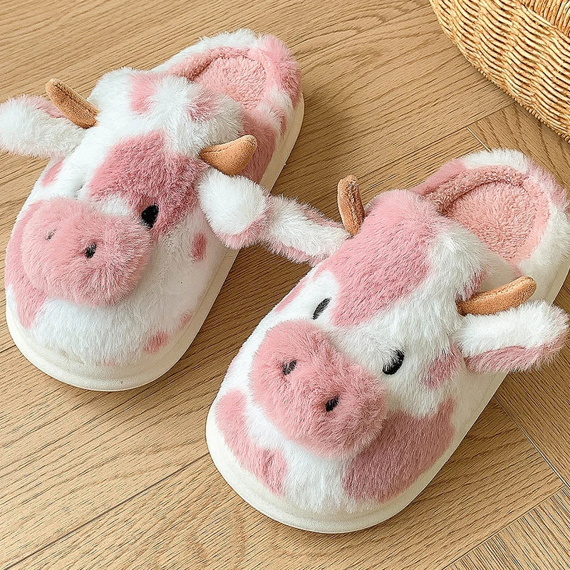 Casual Fluffy Slippers Women House Cute Cartoon Cow Designer Shoes Girl Flat Fashion Elegant Plush Winter Platform Footwear Home - Smarsty