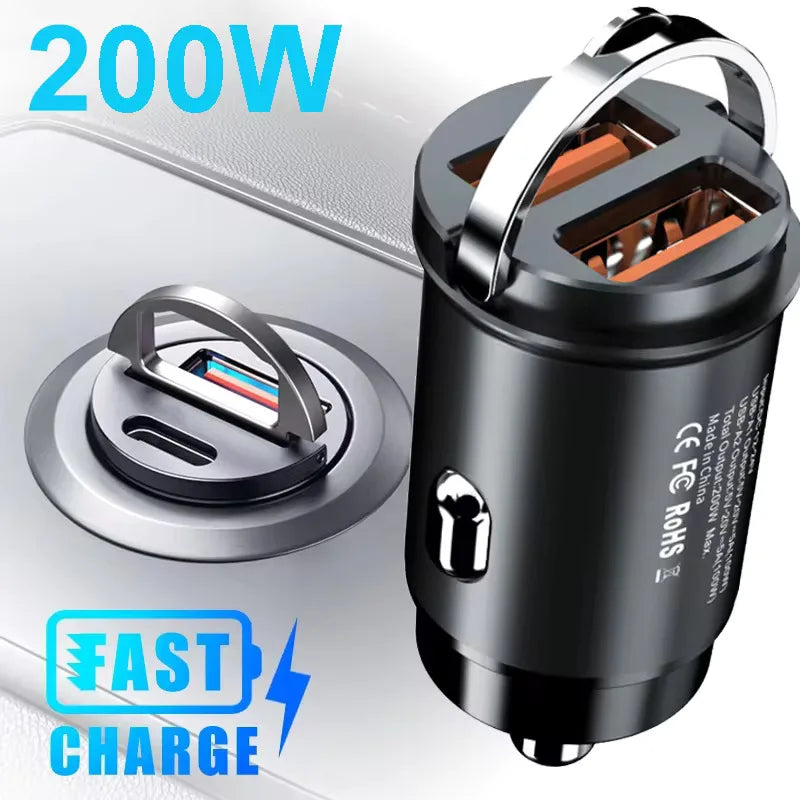 100W/200W QC3.0 PD Mini Car Charger 12-24V Lighter Fast Charging Car USB Type C Charger for Xiaomi Samsung Huawei iPhone Power - Smarsty