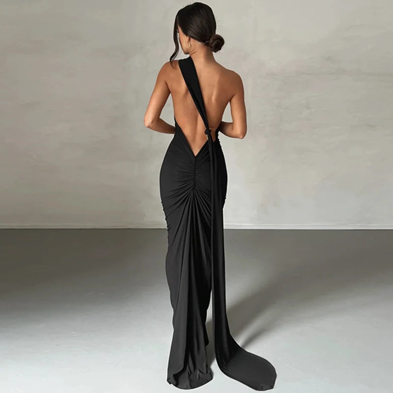 Hugcitar One Shoulder Backless Adjustable Scarf Loop Ruched Sexy Maxi Dress Women Elegant Y2K Streetwear Festival Outfit - Smarsty