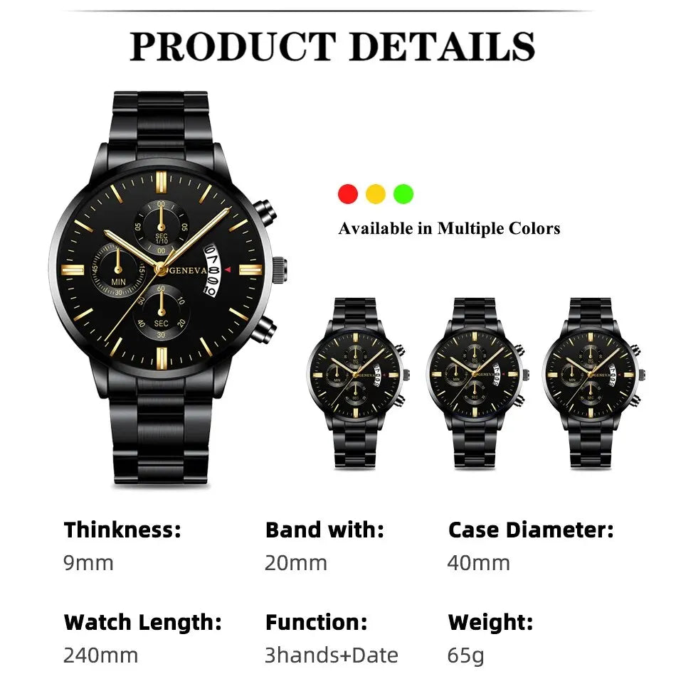 Luxury Black Stainless Steel Men's Watch with Calendar Feature - Smarsty