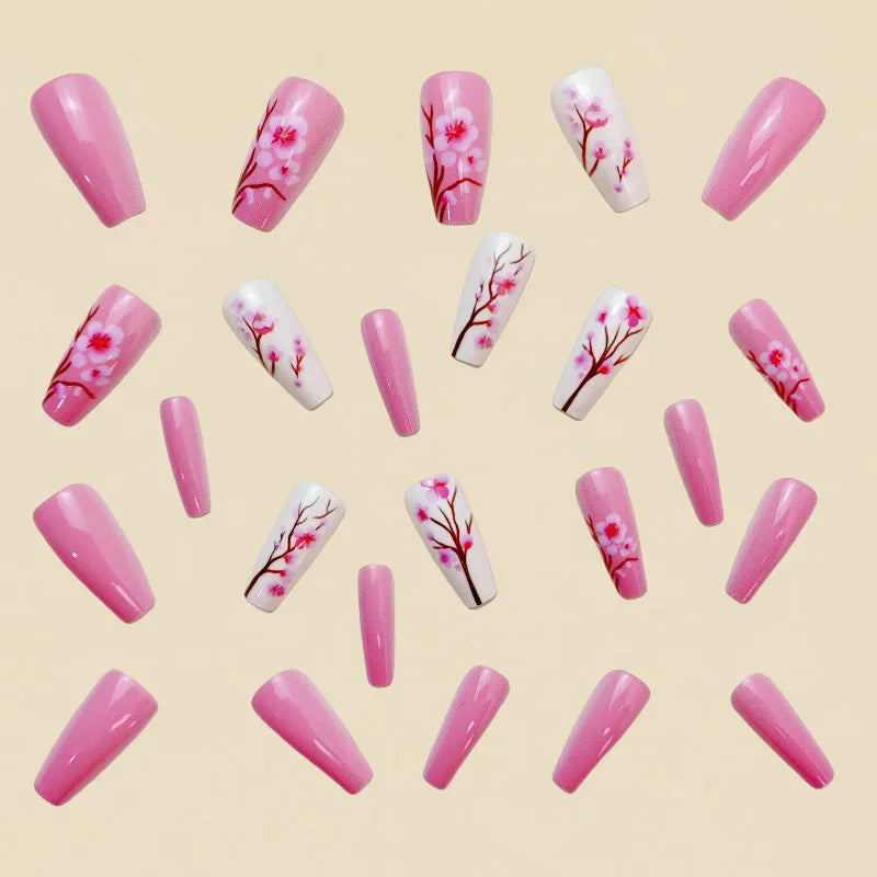 24 Piece Set Medium Long Press On Nails with Peach Flower Design - Smarsty