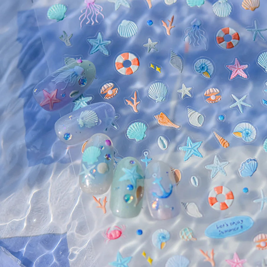 5D Summer Beach Nail Stickers with Shiny Sea Designs - Smarsty