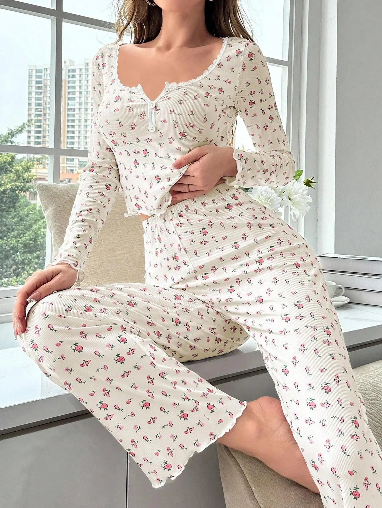 Sleepwear Women Floral Print Lettuce Trim Top with Long Pant Lovely Loungewear Full Sleeve Nightwear Spring Autumn Pajamas Set - Smarsty