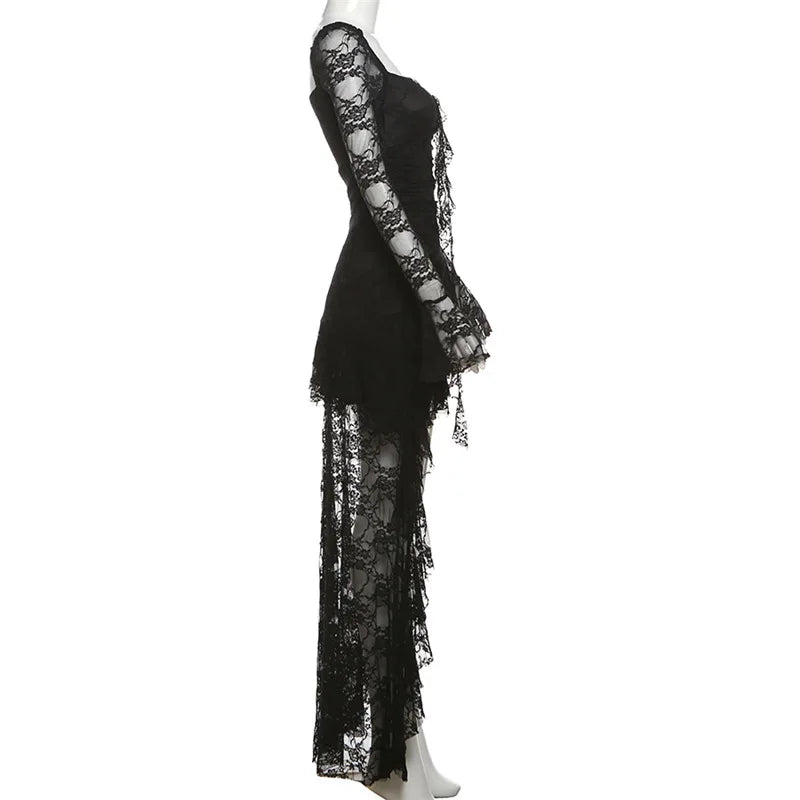 Goth Dark Fairycore Lace Flare Sleeve Square Neck A-line Dress Sweet E-girl Irregular Long Hem Dresses Cyber Y2K Party Vestido - Smarsty