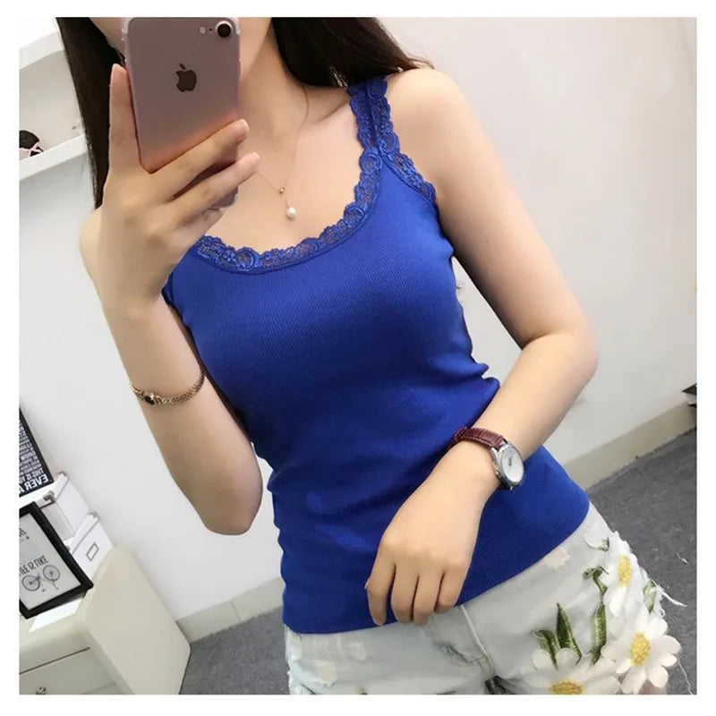 Black Tops Summer Sleeveless Women Tank Top With Lace Top Red Inside Wear Lace Camisoles Loose Underwear Womens Clothing Vest - Smarsty