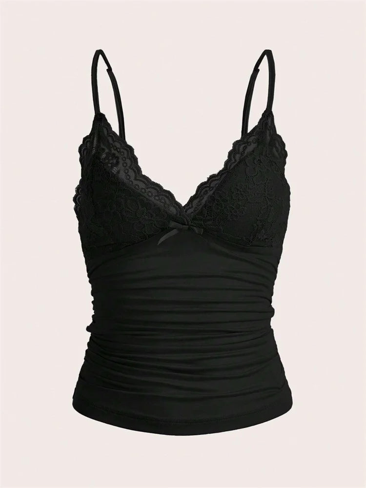 Sexy Contrast Lace Bow Front Crop Cami Top Women 2024 Summer Grunge Punk Y2K Clothes Ruched Skinny Backless Tee Shirt
