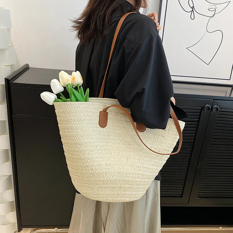 Large Capacity Straw Beach Tote Woven Shoulder Bag Summer - Smarsty