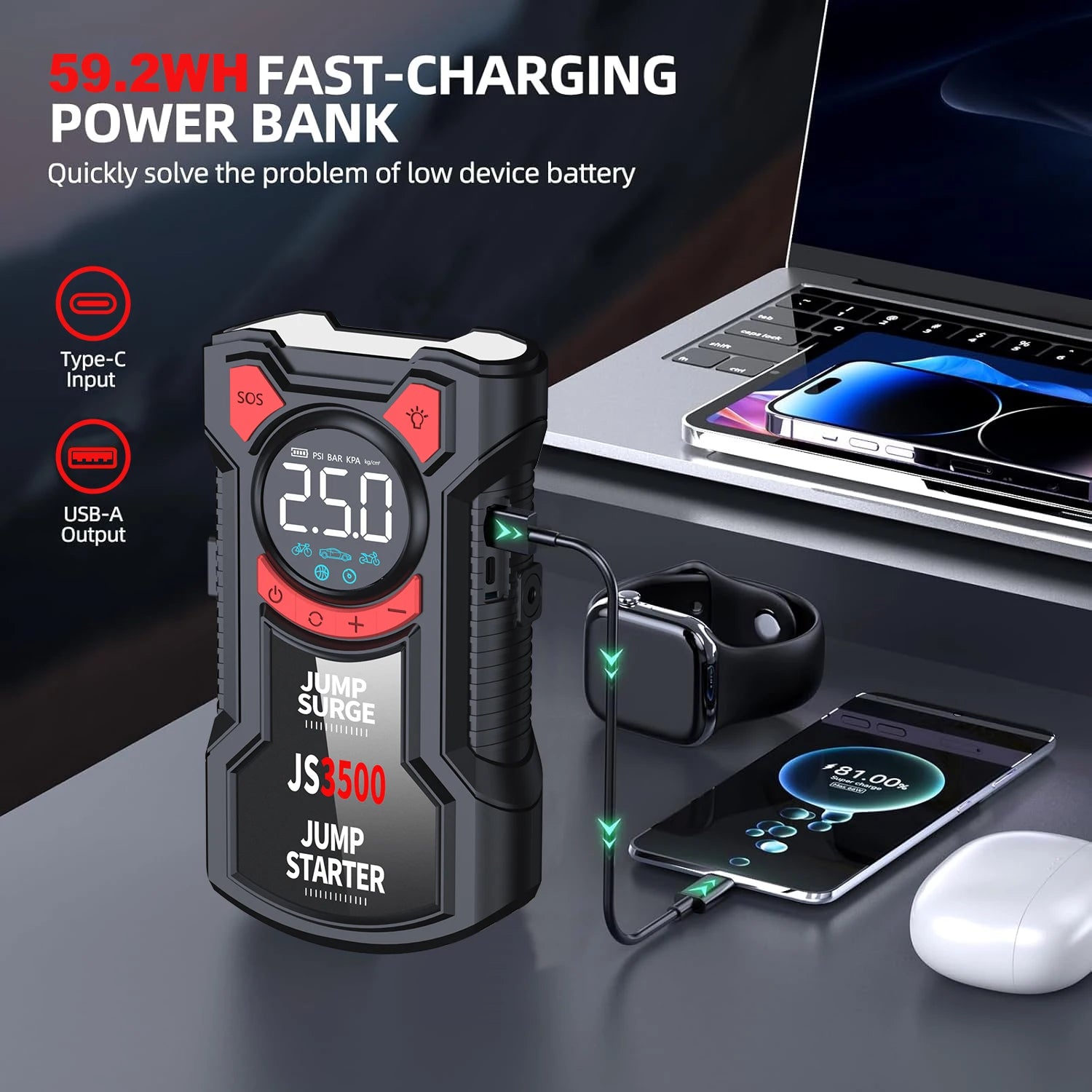 5-in-1 Multifunctional Air Pump Jump Starter with Air Compressor 3000A Peak/150PSI Battery Jump Starter Digital Tire Inflator - Smarsty