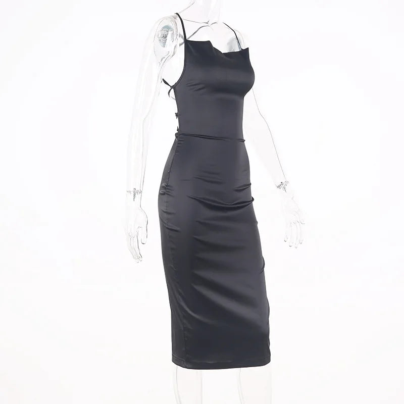 Neon Satin Lace Up Women's Long Midi Dress Light Pink Bodycon Backless Elegant Party Sexy Club Clothes 2022 Summer Dinner Outfit - Smarsty