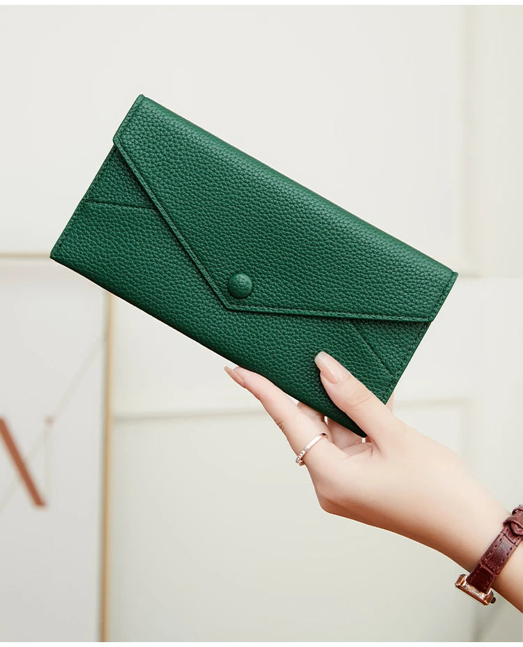 RFID Anti-Theft Purse for Women, Lychee Print, Soft Leather, Envelope Long Wallet, Ultra-thin, Portable, Simple Hand Bag