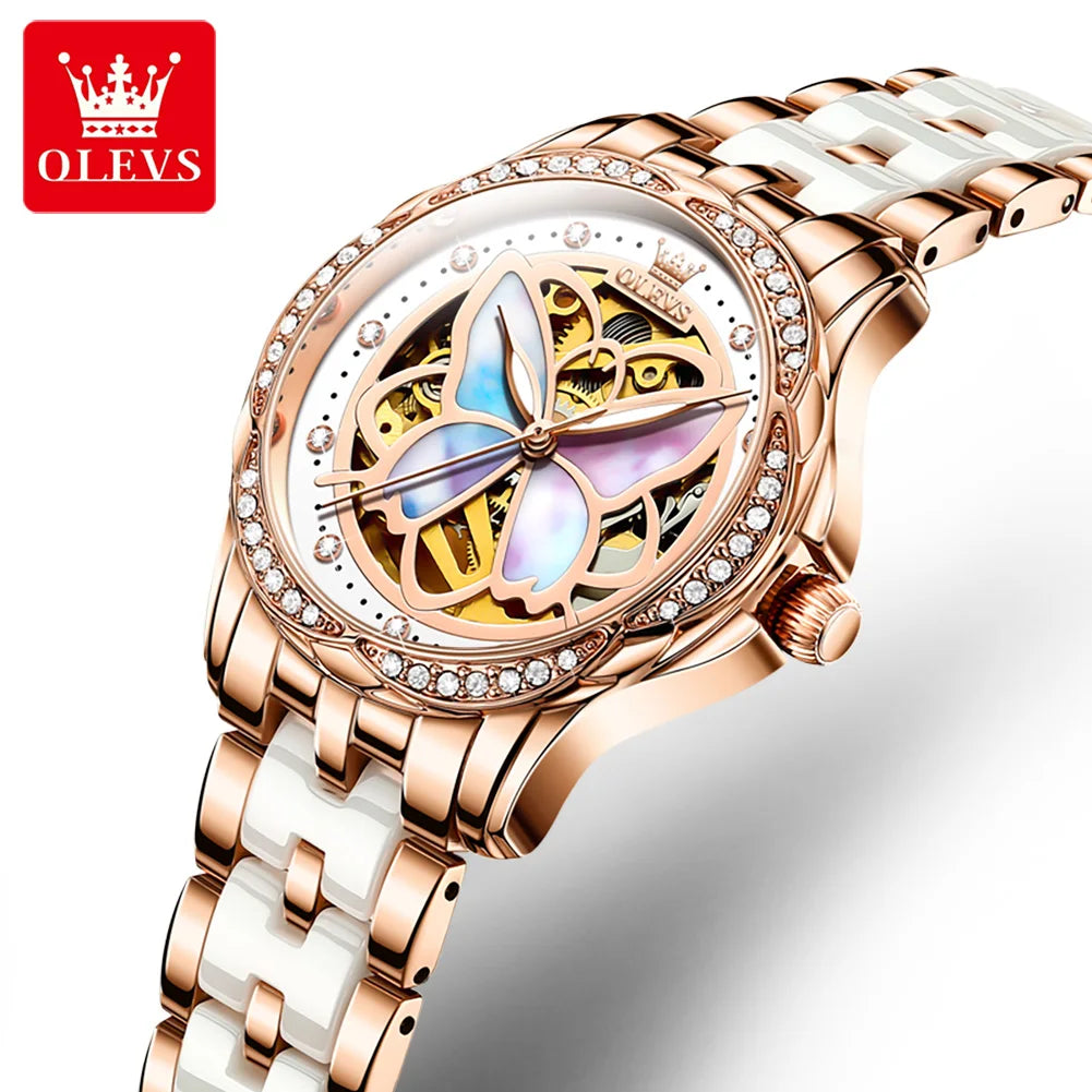OLEVS 6615 Womens Watch Original Bezel Ceramic Mechanical Automatic Wristwatch Waterproof Luminous Ladies Watch Butterfly Dial - Smarsty