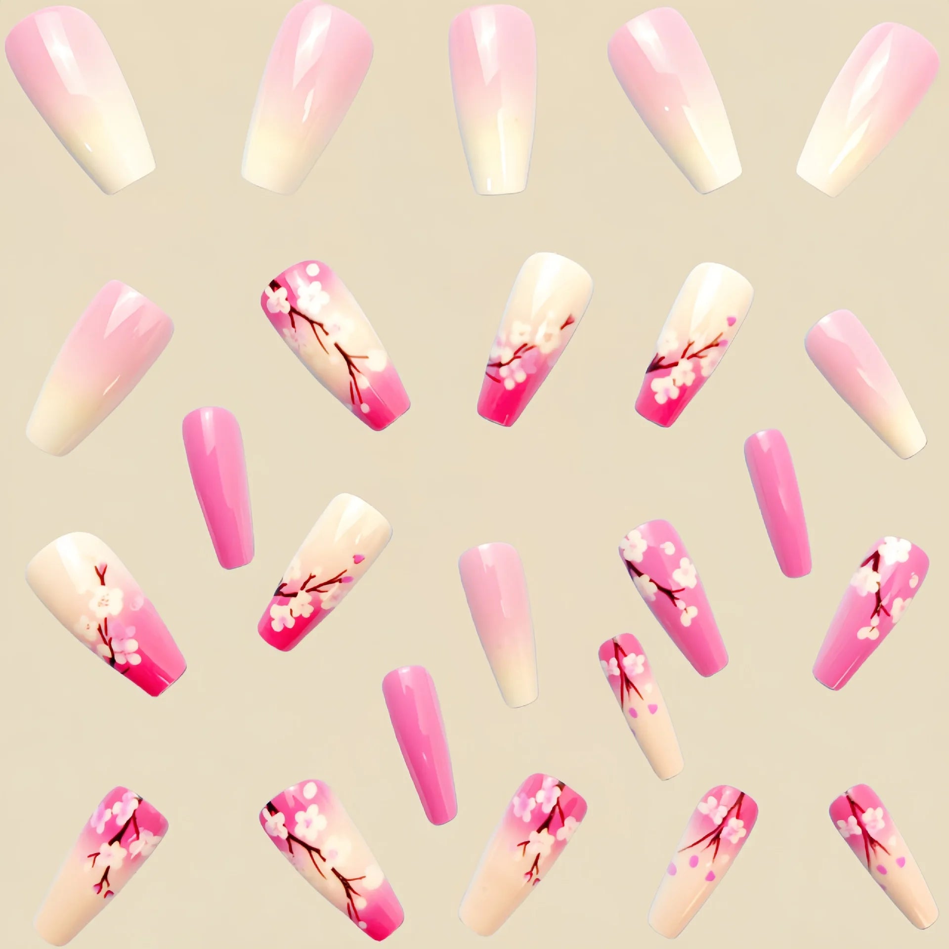 24 Piece Set Medium Long Press On Nails with Peach Flower Design - Smarsty