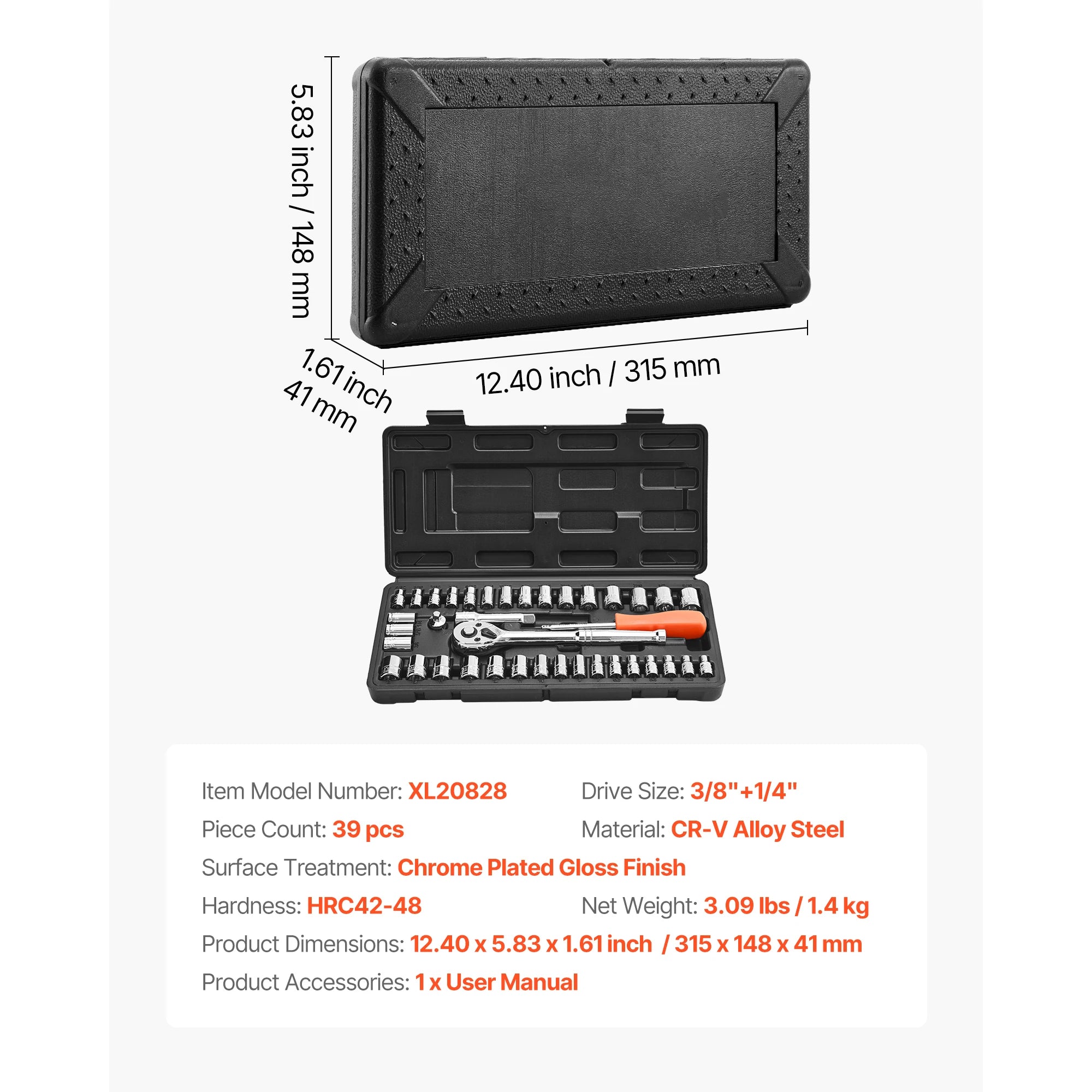 SucceBuy Socket Set 86 Pieces 3/8 1/4 1/2in Drive Socket and Ratchet Set SAE Metric Mechanic Tool Kit with Ratchet Wrench