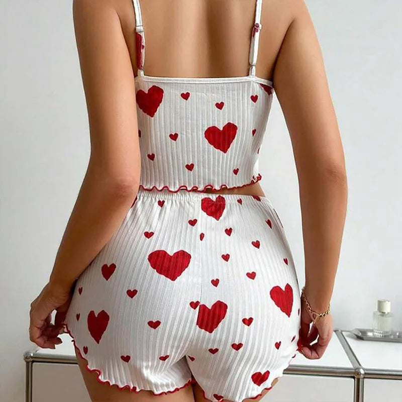 Women's Pajamas Set Sleepwear 2 PCS Short Tank Tops And Shorts S M L White Ventilate Soft Casual Love Printing - Smarsty