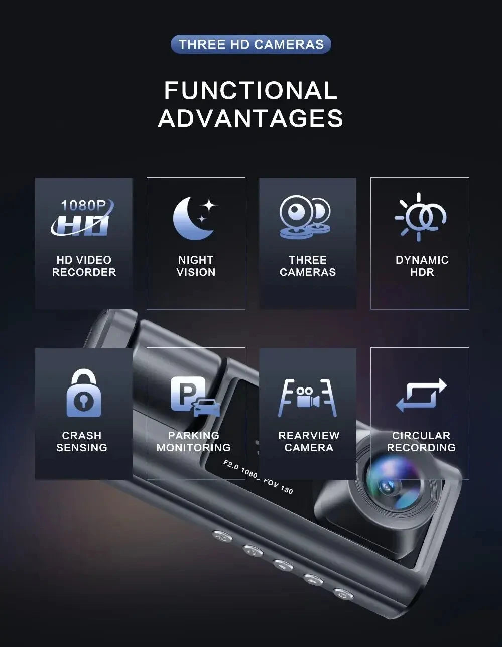 1080P 3 Channel Dash Cam Night Vision Crystal IPS Screen - Smarsty
