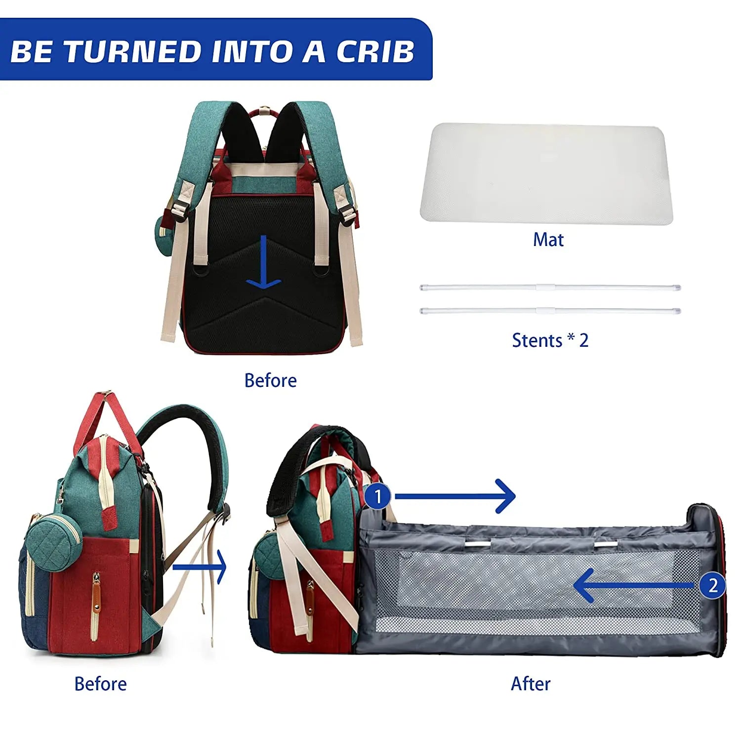 3 In 1 Diaper Bag Backpack Foldable Baby Bed Waterproof Travel Bag with USB Charge Diaper Bag Backpack with Changing Bed 3 types by Smarsty