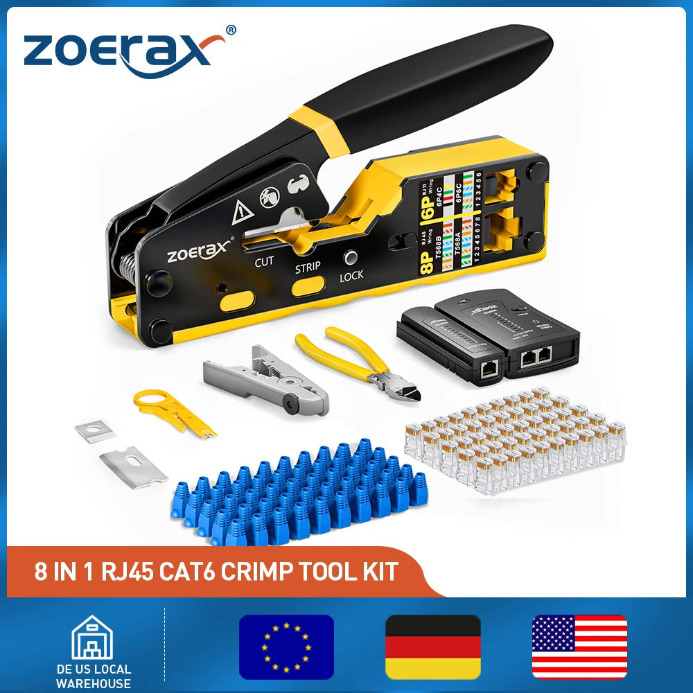 ZoeRax 8 in 1 RJ45 Cat6 Cat5e Crimp Tool Kit RJ45 Crimping tool,Cable Tester,Wire Cutter,Blades,50Pcs Cat6 Connectors and Boots