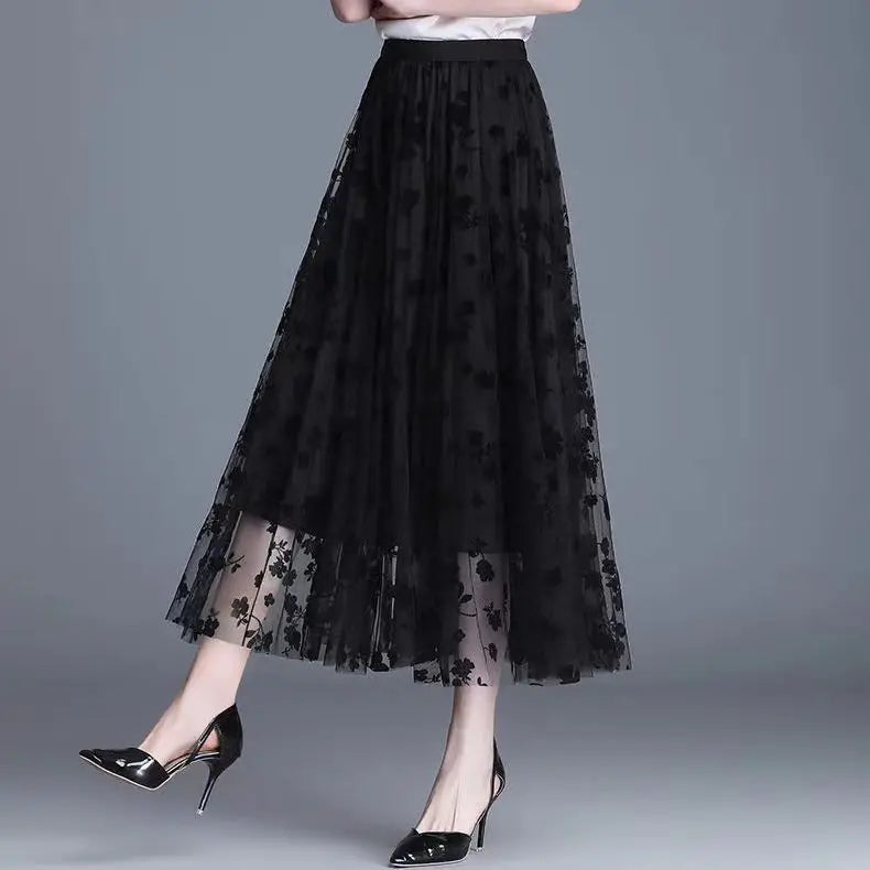 Korean Women Tulle Skirt Fashion Summer Hook Floral Loose Midi Skirt Elegant Female Casual All Match Mesh Skirts New - Smarsty