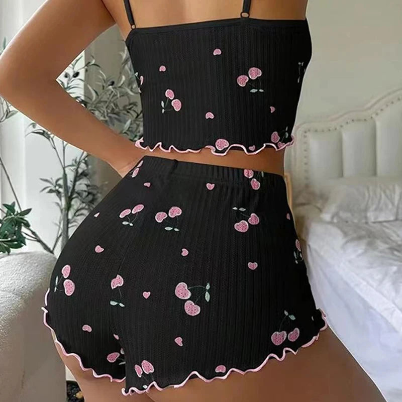 Sleepwear Women's Summer Pajama Set Heart Print Sexy Ribbed Bow Decor Round Neck Backless Crop Cami Top & Shorts Nightwear - Smarsty