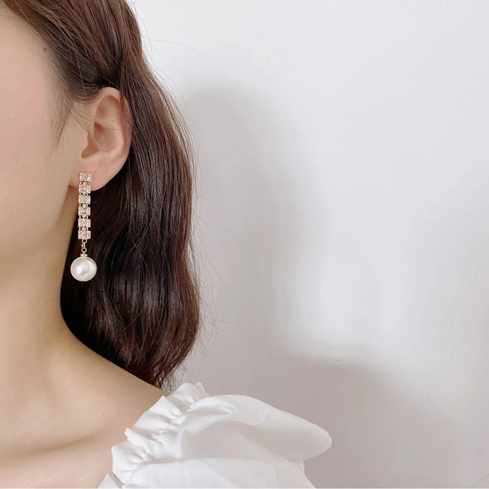 Pearl Long Earrings With Rhinestones For Wedding Fashion - Smarsty
