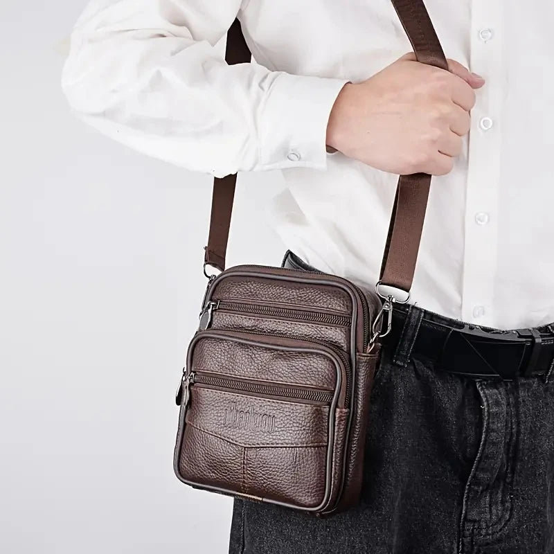 Mens Genuine Leather Crossbody Bag Vertical Multifunctional - Smarsty