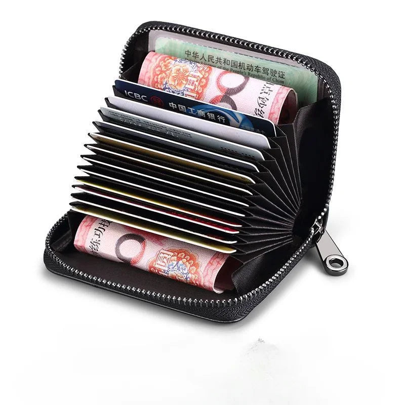 Multi Slot Card Holder Vintage Small Wallet Women Men Business Bank Credit Card Bag Male Coin Pouch Solid Leather Zipper Wallet - Smarsty