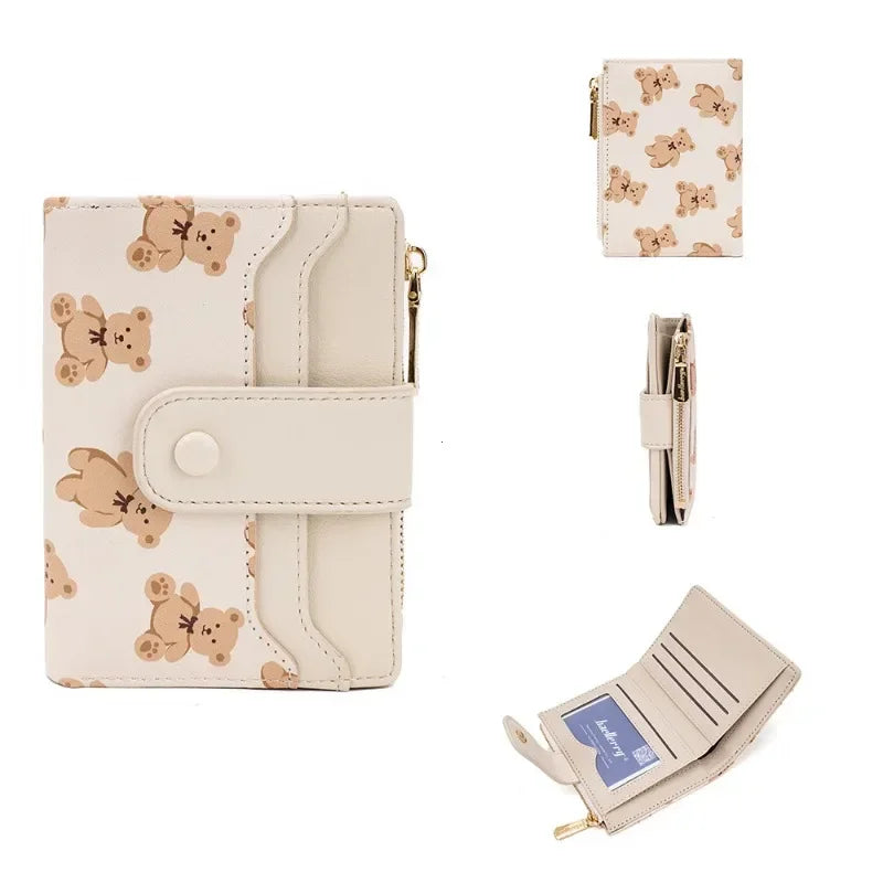 Women Short Wallets PU Leather Female Bifold Purses Cute Bear Card Holder Wallet for Girl Small Zipper Wallet with Coin Purse - Smarsty