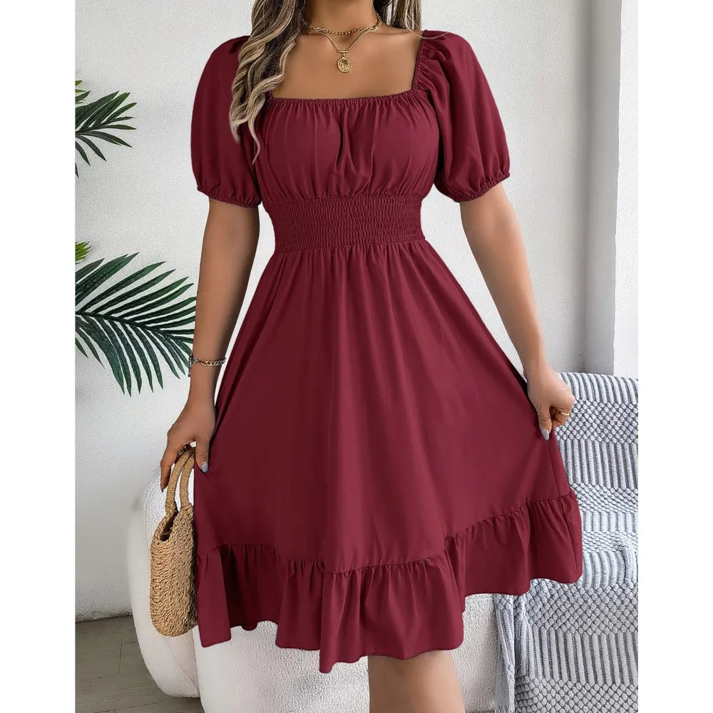 Women's MIidi Dresses 2024 Summer Casual Square Neck Short Sleeved Waist Ruffle Edge Dress Dress Women Elegant Платья Женские - Smarsty