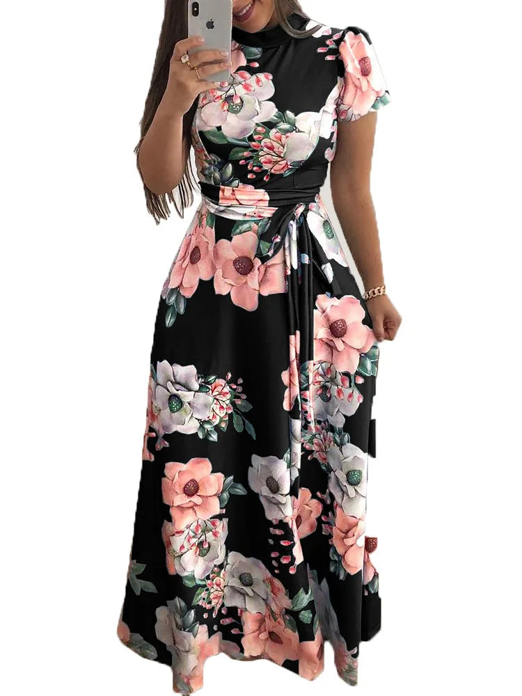 Women's Slim Dresses Casual Long Sleeve Round Neck Flower Printed Dress Strap Floor-Length Long Skirt Women's Clothing - Smarsty