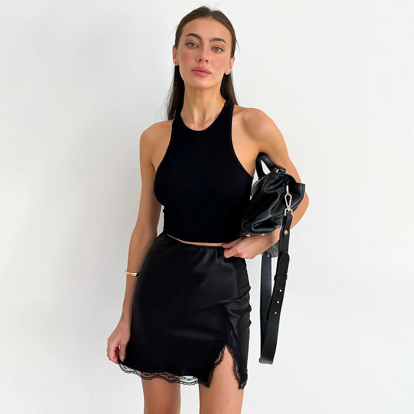 Linad Elegant Satin Embroidery Pencil Skirts Summer Sexy High Waist Split Mini Skirts For Women Fashion Slim Skirt Female 2025 - Smarsty