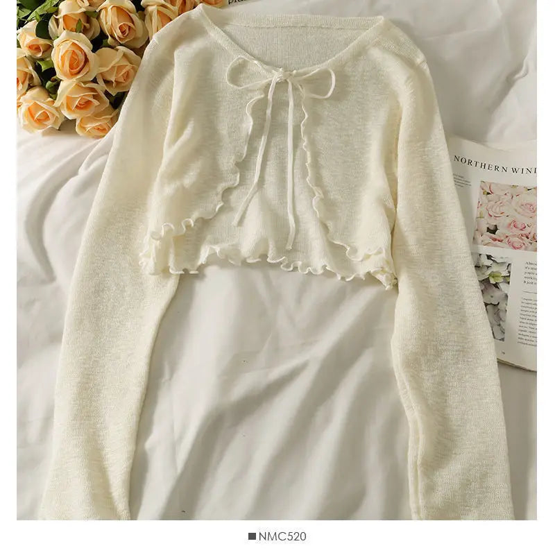 Women Frenum Cardigan Blouses and Tops Bow Lace Up Long Sleeve Crop Top Female Elegant Shirt Thin Aesthetic Clothes Korean Style - Smarsty