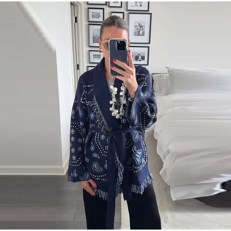 Tassel Patchwork Printed Cardigan Women Geometric Patterns Belts V-neck Long Sleeve Knitted Street Lady Sweater 2025 Autumn Coat - Smarsty