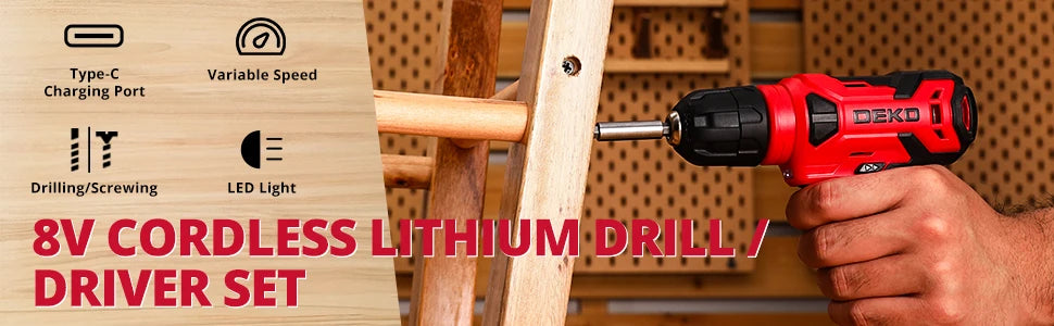 DEKO Drill Set Tool Set with 8V Red Cordless Drill, Home Tool Kit with Drill, Hand Tool Kits for Women 126 Piece