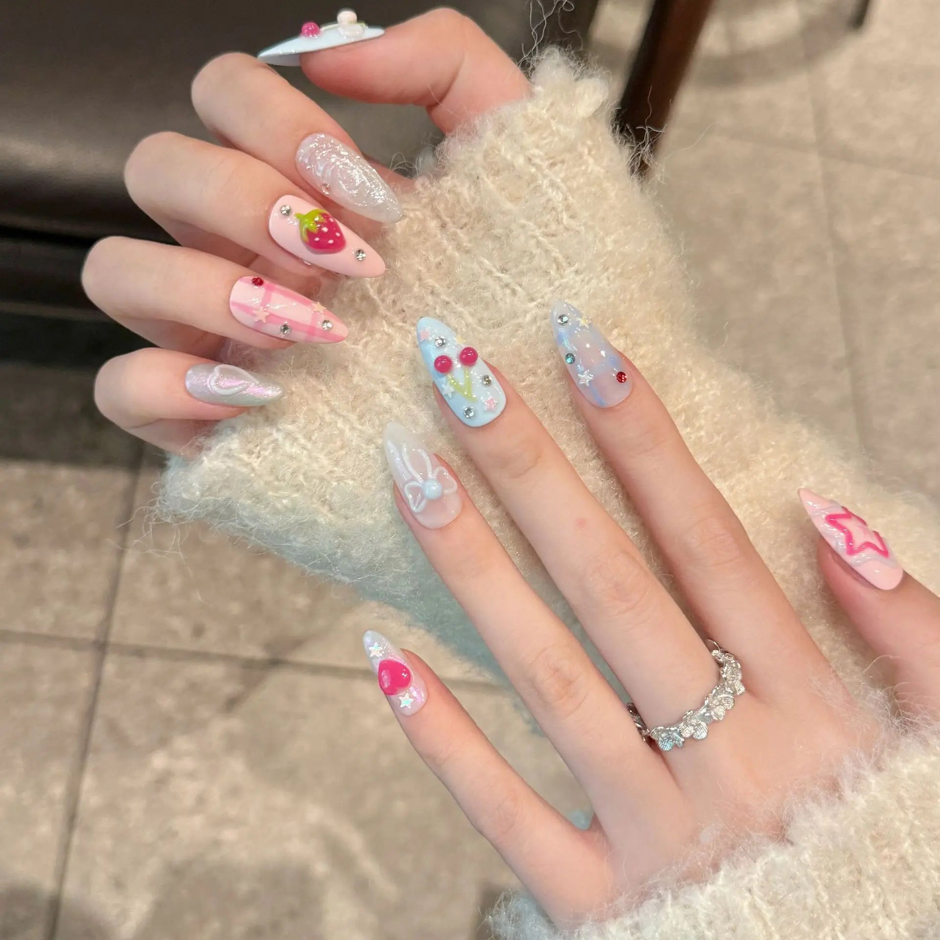 Handmade Press On Nails in Sweet Pink Blue Colors - Smarsty