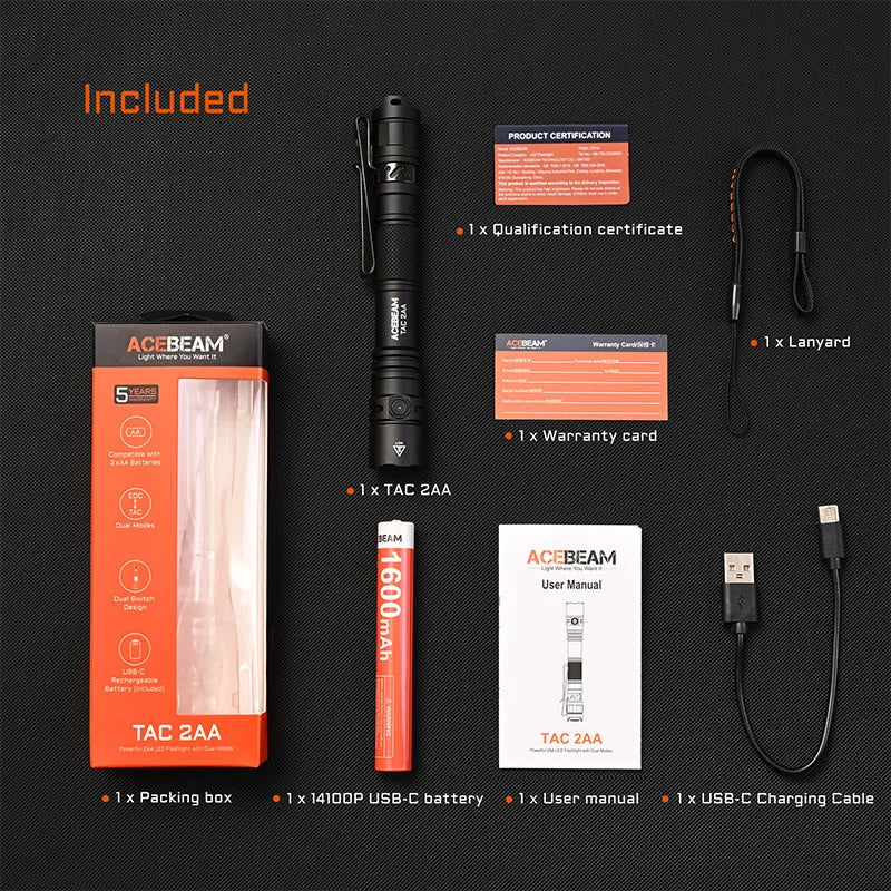 ACEBEAM TAC 2AA LED flashlight 1600 lumen 181 meters portable EDC flashlight USB-C rechargeable battery double buttons torch by Smarsty