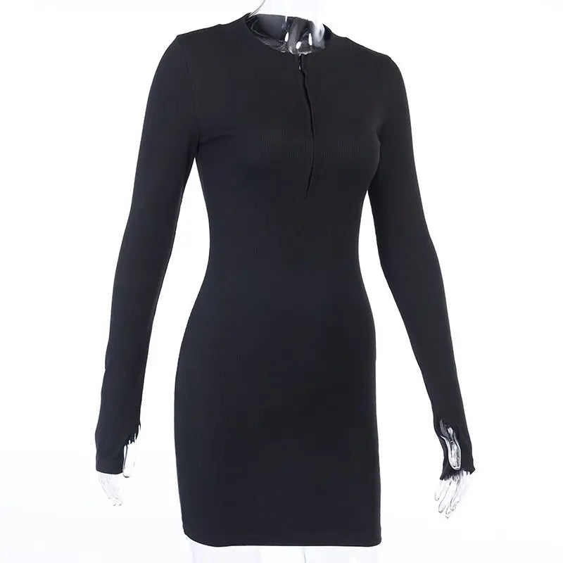 Long Sleeve Dresses for Women Black Sexy Club Bodycon Mini Dress Y2k High Waist Ladies Korean Short Dress Basic Autumn Winter - Smarsty