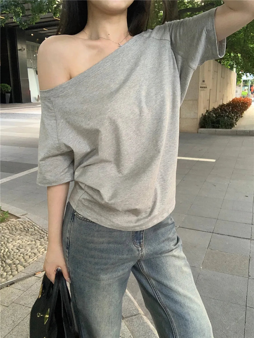 Sexy Pullovers Women Off Shoulder Cropped Knitted Basic Clothes Autumn All-match Side Slit Simple Tender Slim Gentle Seductive - Smarsty