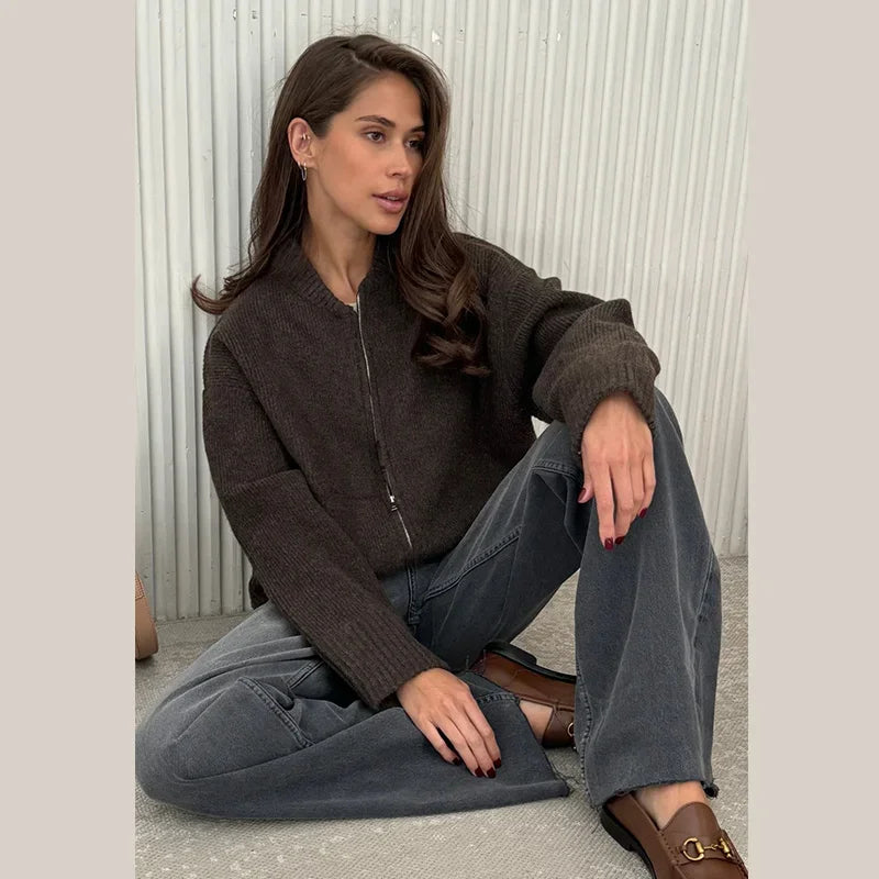 Vintage Knit Women Cardigan Casual Full Sleeve Zipper O Neck Pleated Solid Lady Sweater 2025 Autumn Fashion Female Knitwear - Smarsty
